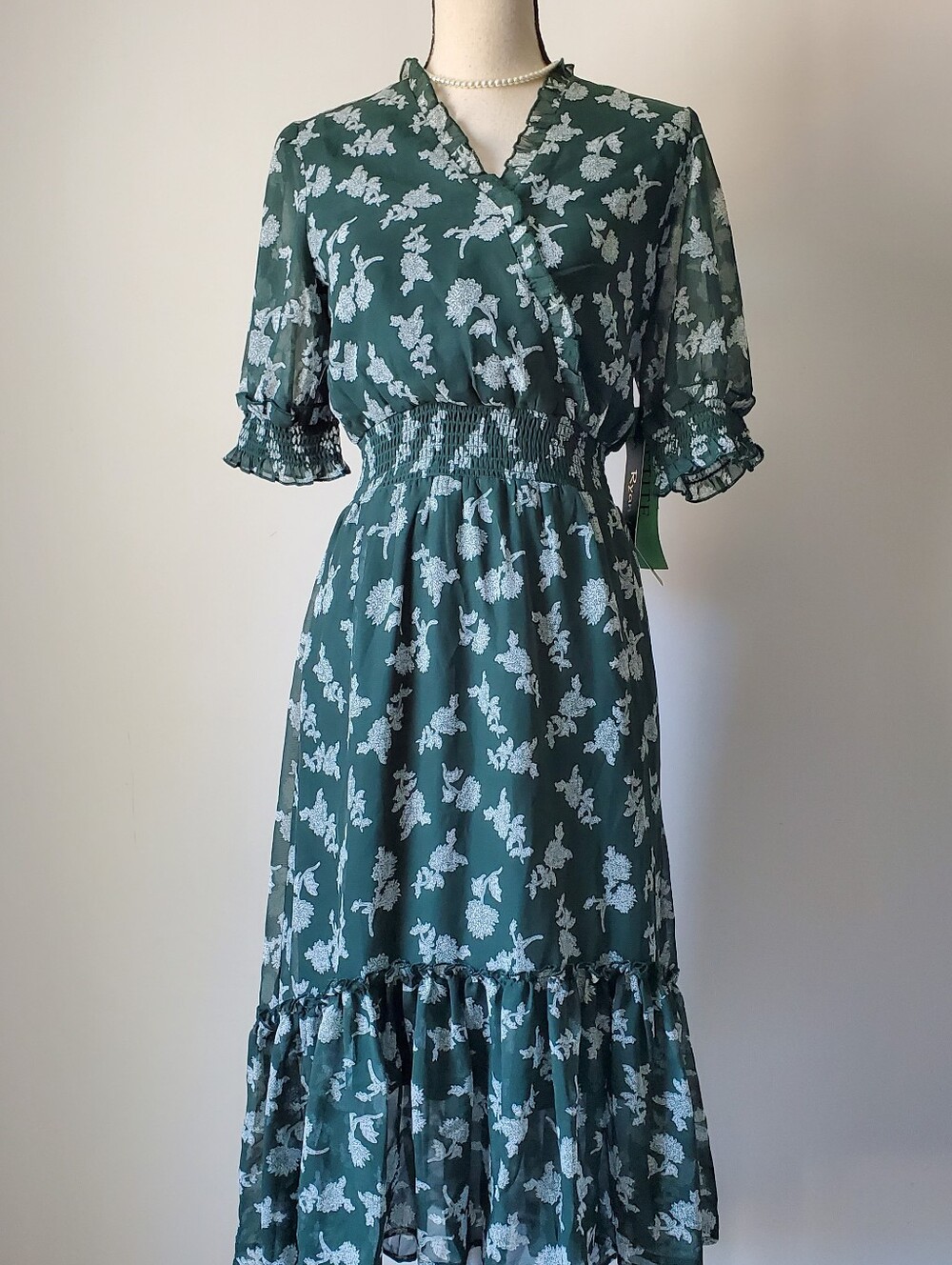 Ryan Michelle Green Faux Wrap-Style Midi Ruffle Dress with White Floral Print PL